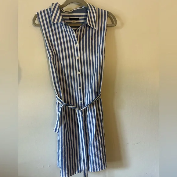 Tommy Hilfiger Women's Blue and White Stripped Collared Mini Cotton Shirt Dress - Picture 2 of 6